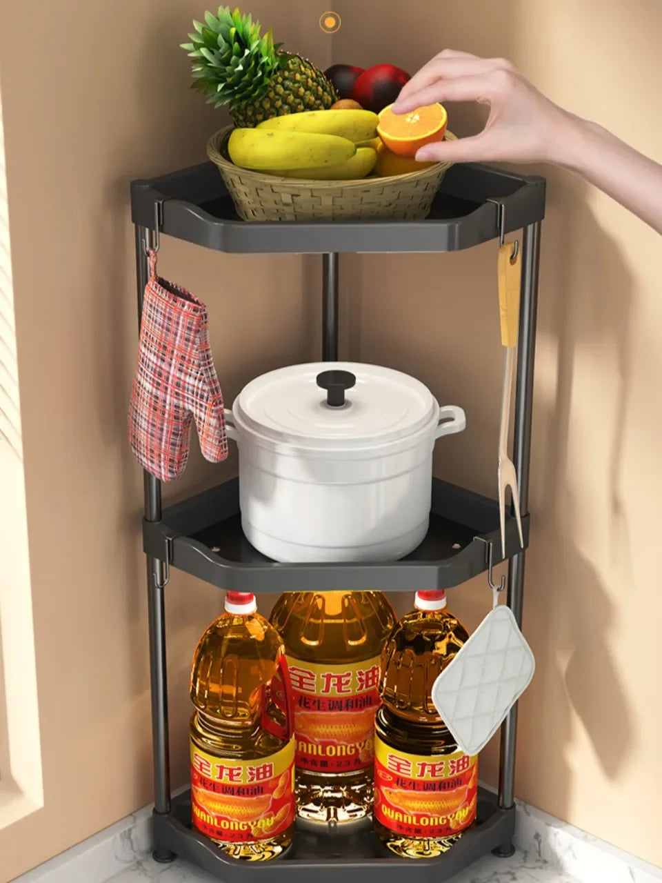 Kitchen Seasoning Shelf – 3 Tier Spice Rack & Chopstick Organiser for Corner Countertops