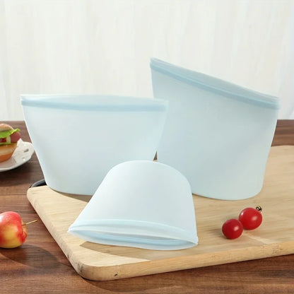 3PCS Reusable Silicone Food Storage Bags – Leakproof Ziplock Containers (500ml–1500ml)